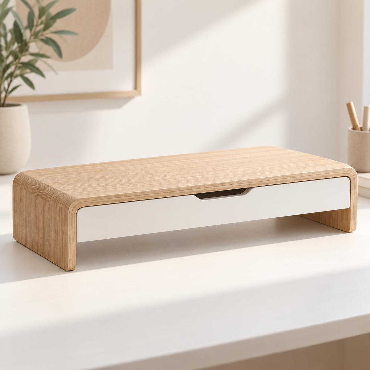 Wooden Monitor Stand with Drawer – Desktop Riser & Storage Organizer