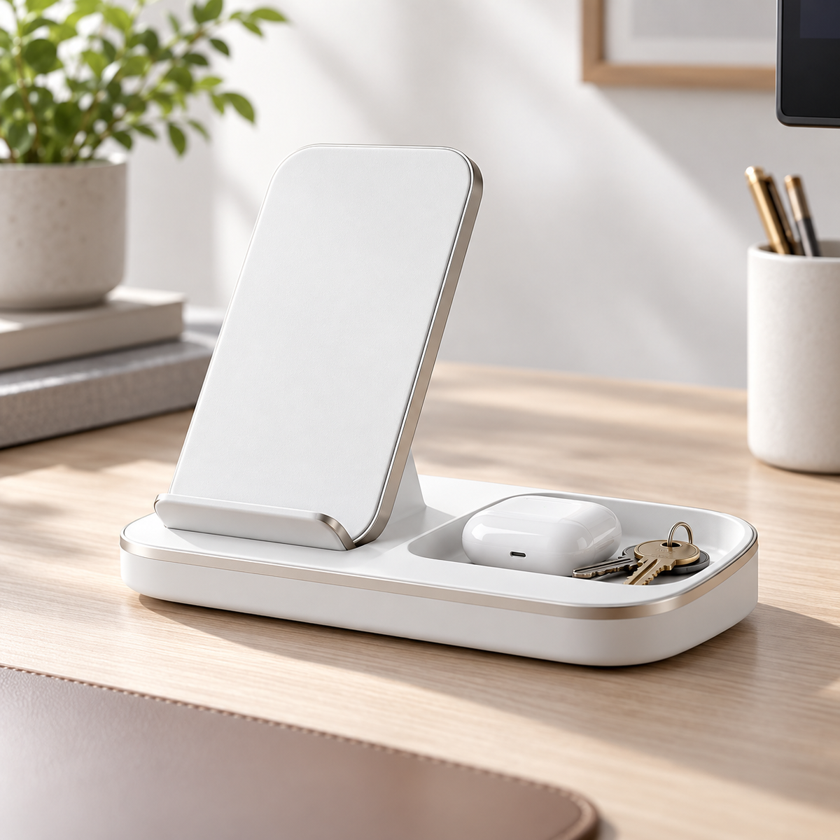 Wireless Charging Stand with Catchall Tray – Desktop Phone Charger & Organizer