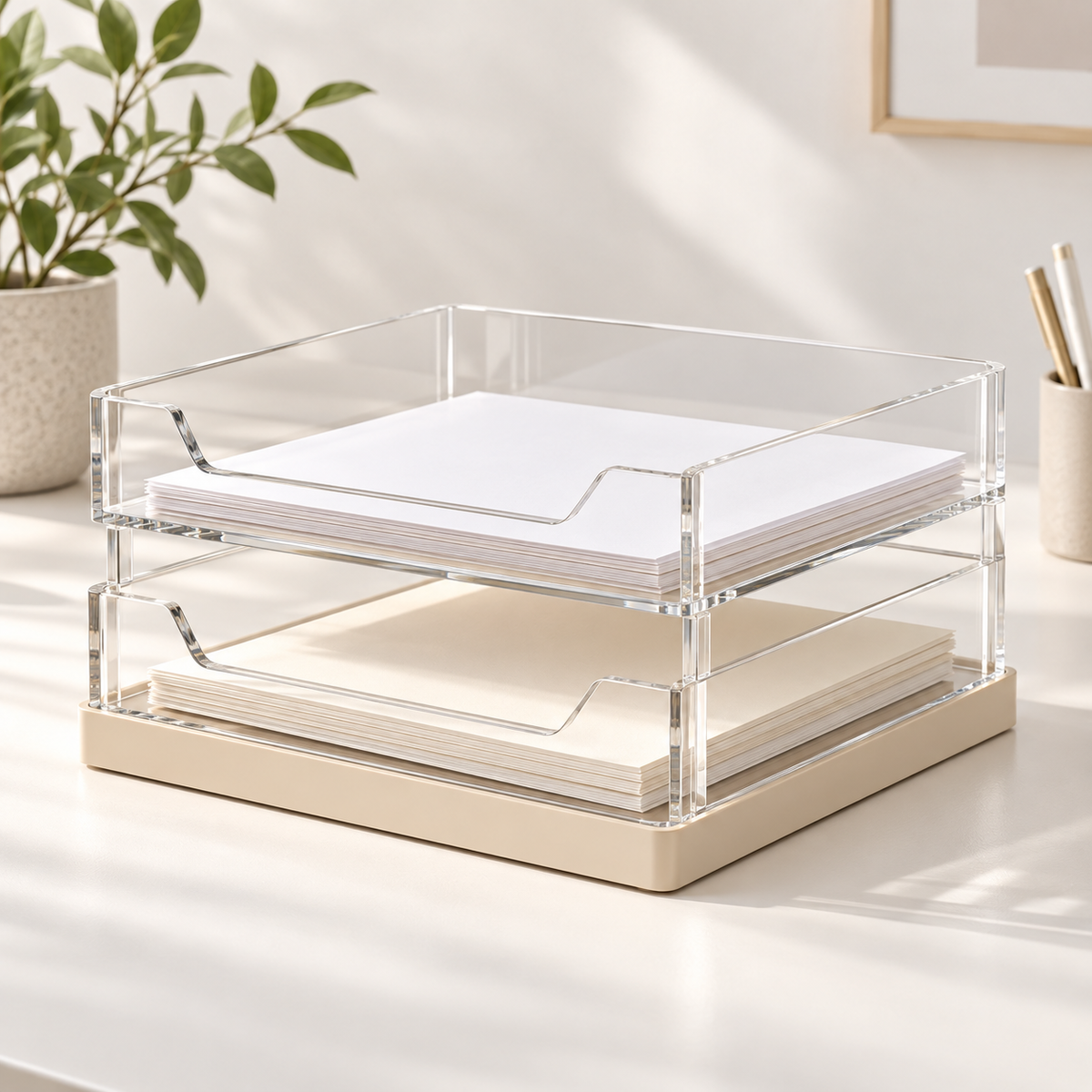 2-Tier Clear Acrylic Document Tray – Stackable Desktop File Organizer