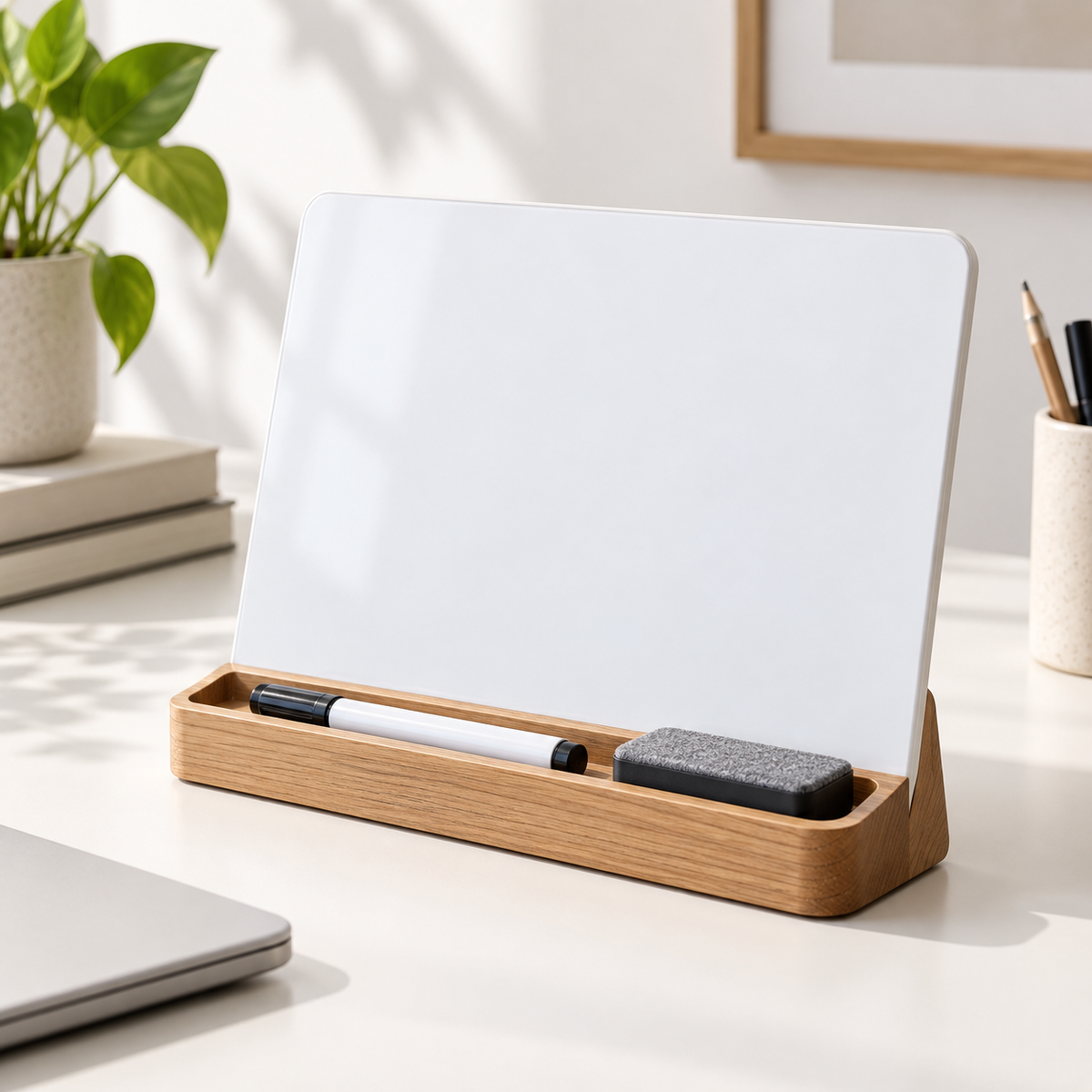Desktop Dry Erase Board with Wooden Stand – Reusable Weekly Planner & Memo Board