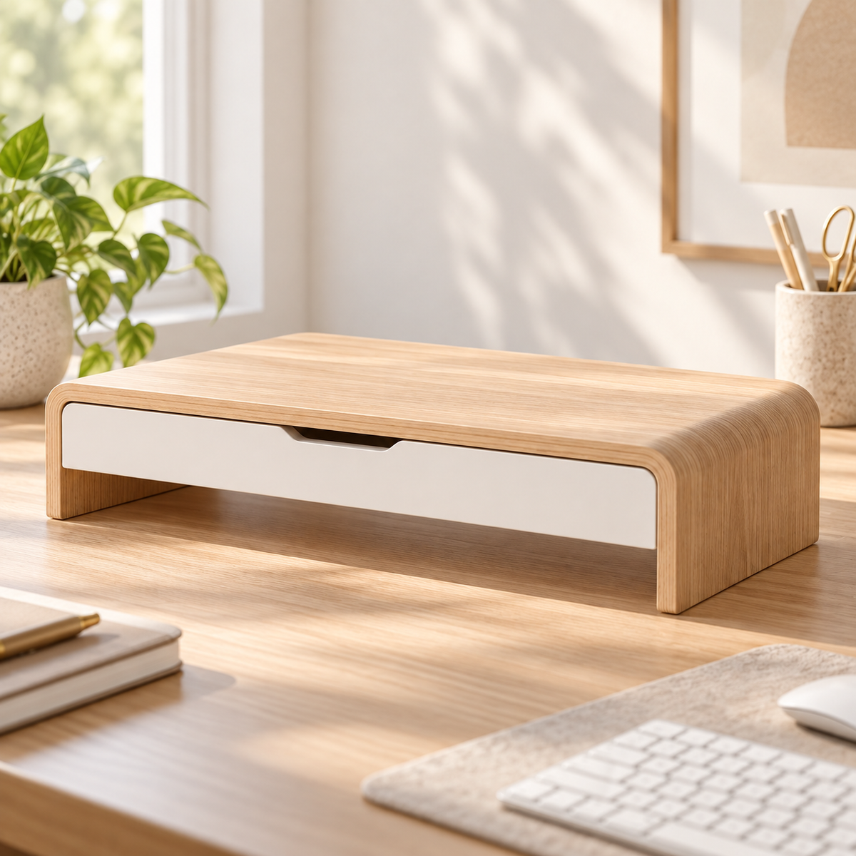 Wooden Monitor Stand with Drawer – Desktop Riser & Storage Organizer