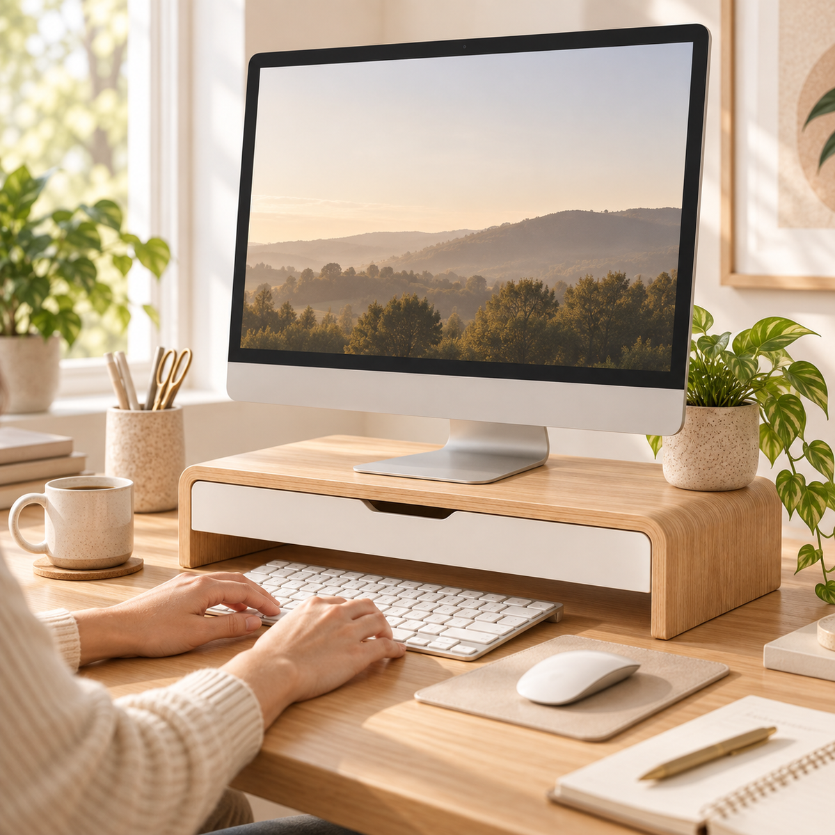 Wooden Monitor Stand with Drawer – Desktop Riser & Storage Organizer