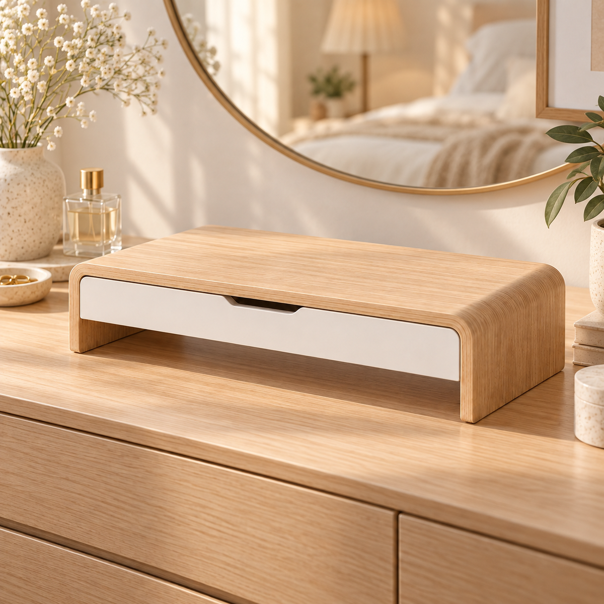 Wooden Monitor Stand with Drawer – Desktop Riser & Storage Organizer