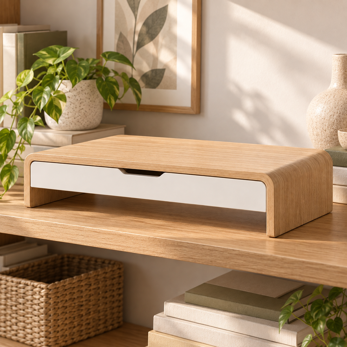 Wooden Monitor Stand with Drawer – Desktop Riser & Storage Organizer