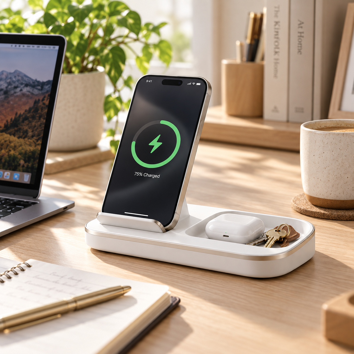 Wireless Charging Stand with Catchall Tray – Desktop Phone Charger & Organizer