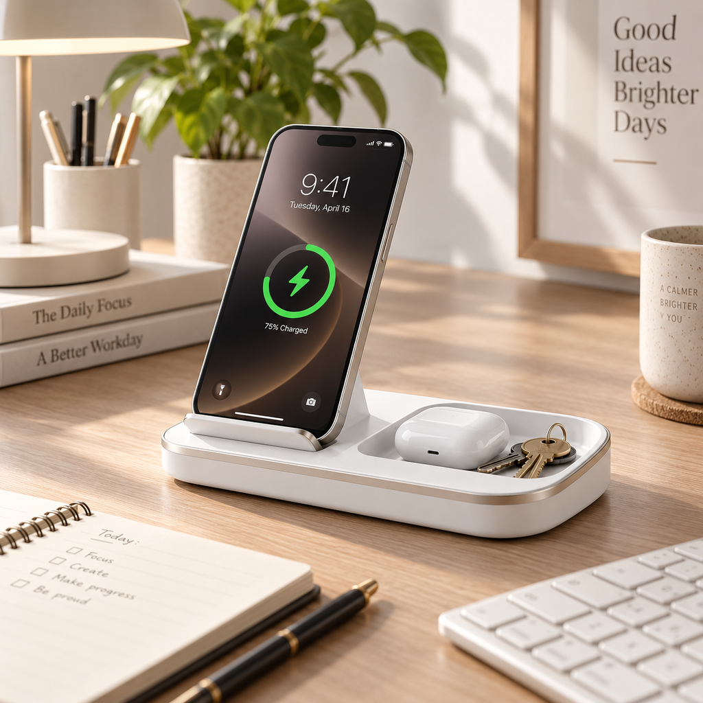 Wireless Charging Stand with Catchall Tray – Desktop Phone Charger & Organizer