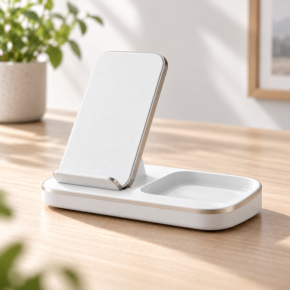 Wireless Charging Stand with Catchall Tray – Desktop Phone Charger & Organizer
