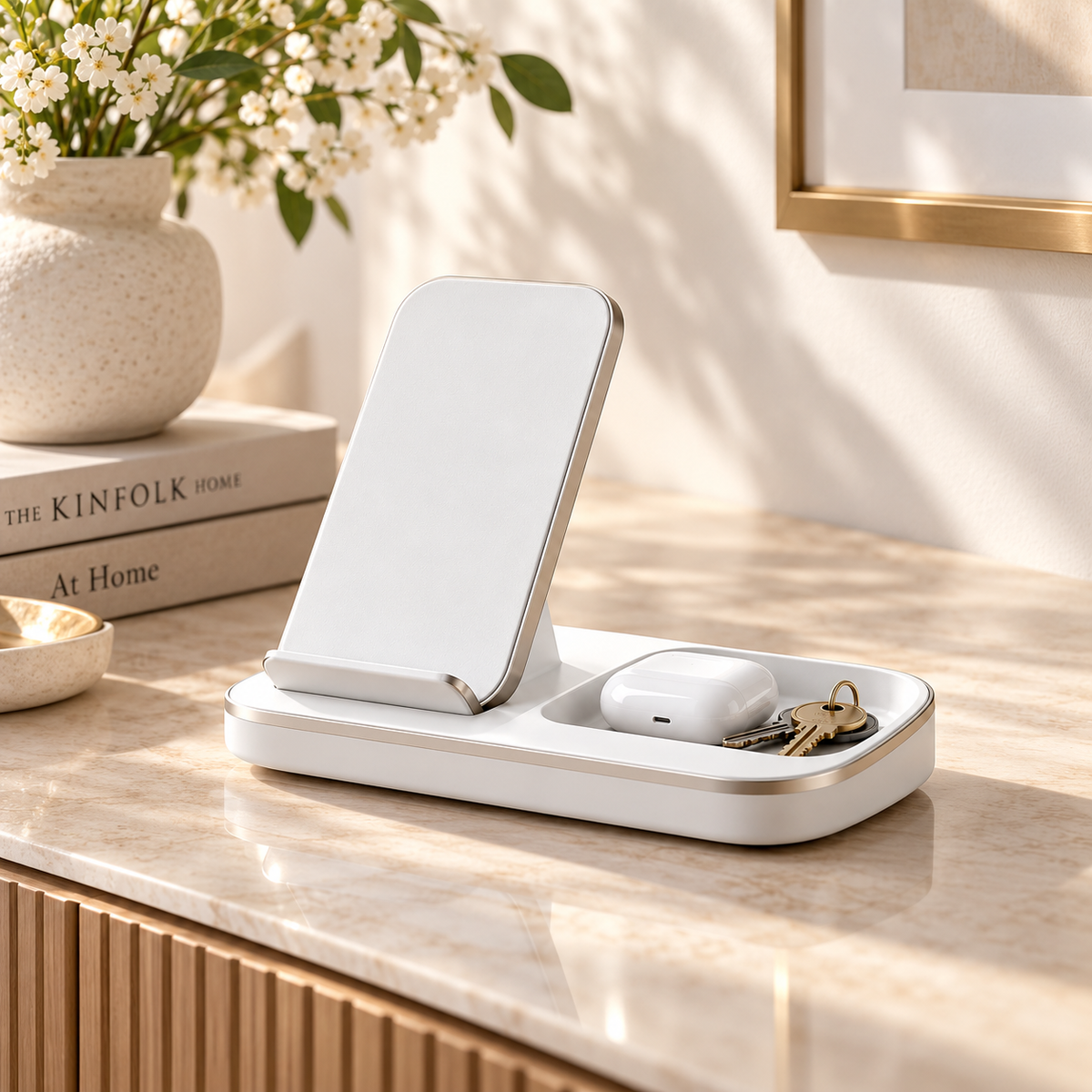 Wireless Charging Stand with Catchall Tray – Desktop Phone Charger & Organizer