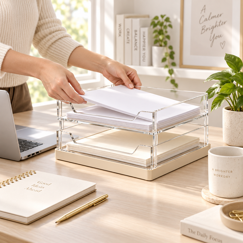 2-Tier Clear Acrylic Document Tray – Stackable Desktop File Organizer