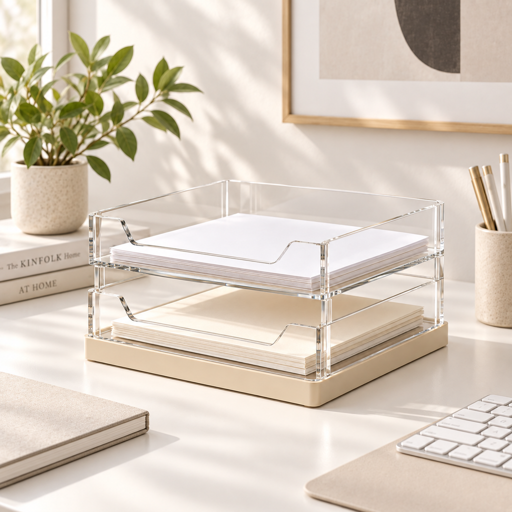 2-Tier Clear Acrylic Document Tray – Stackable Desktop File Organizer