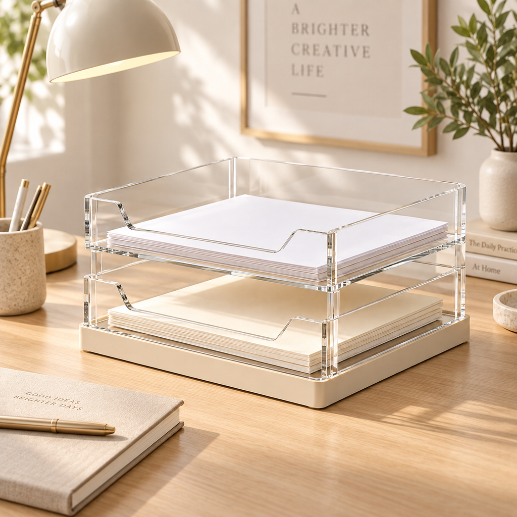 2-Tier Clear Acrylic Document Tray – Stackable Desktop File Organizer