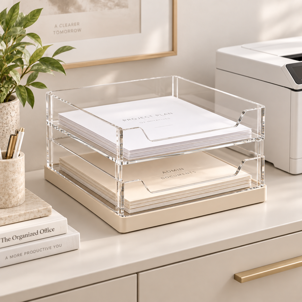 2-Tier Clear Acrylic Document Tray – Stackable Desktop File Organizer