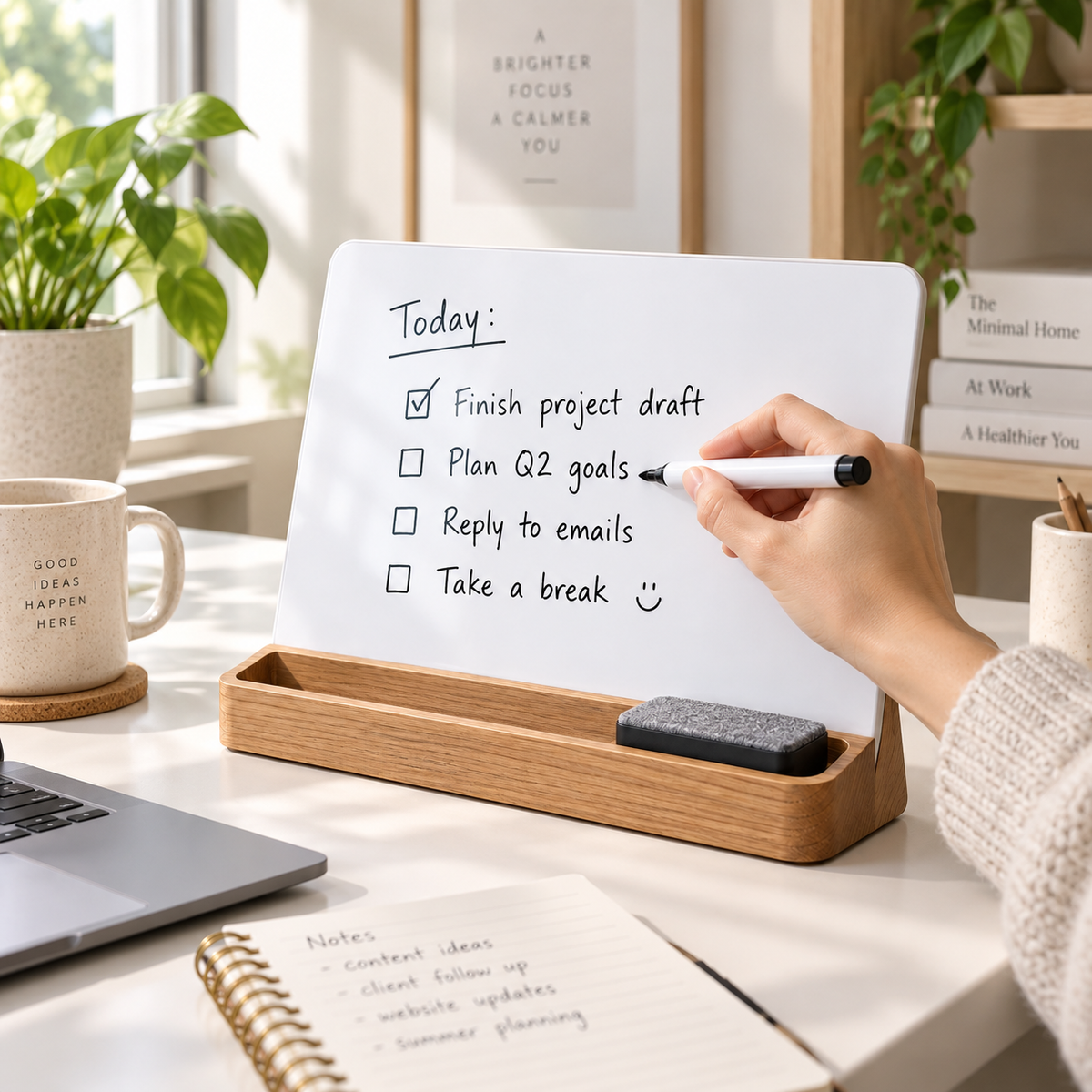Desktop Dry Erase Board with Wooden Stand – Reusable Weekly Planner & Memo Board
