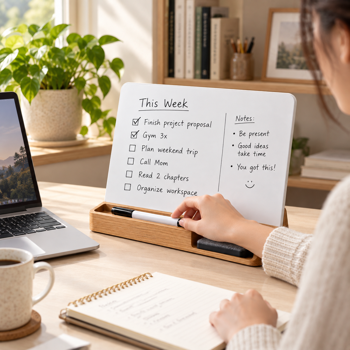 Desktop Dry Erase Board with Wooden Stand – Reusable Weekly Planner & Memo Board
