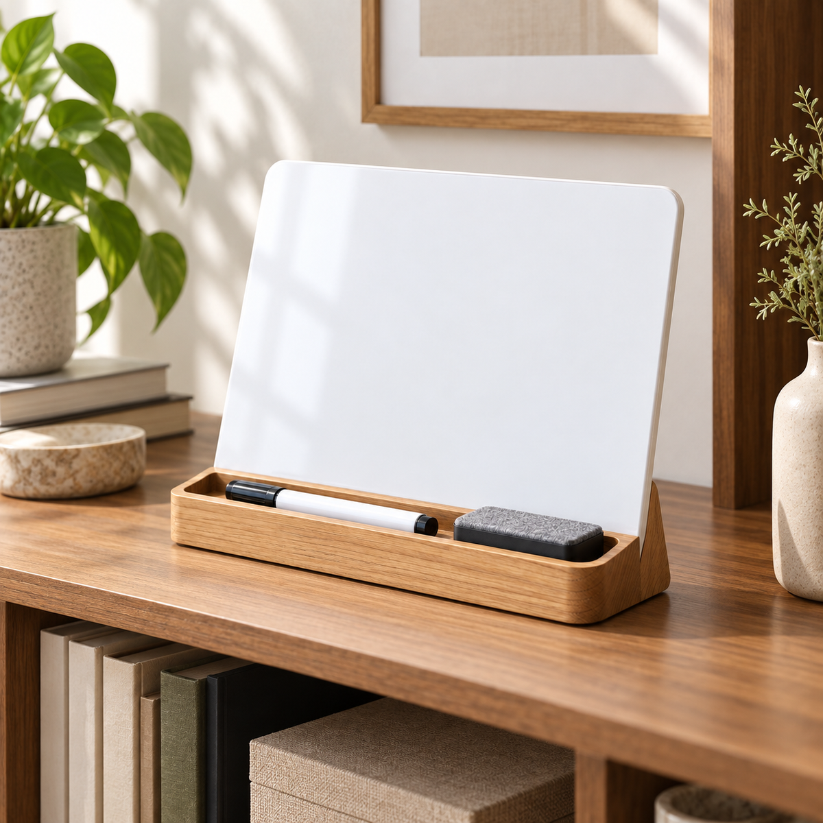Desktop Dry Erase Board with Wooden Stand – Reusable Weekly Planner & Memo Board