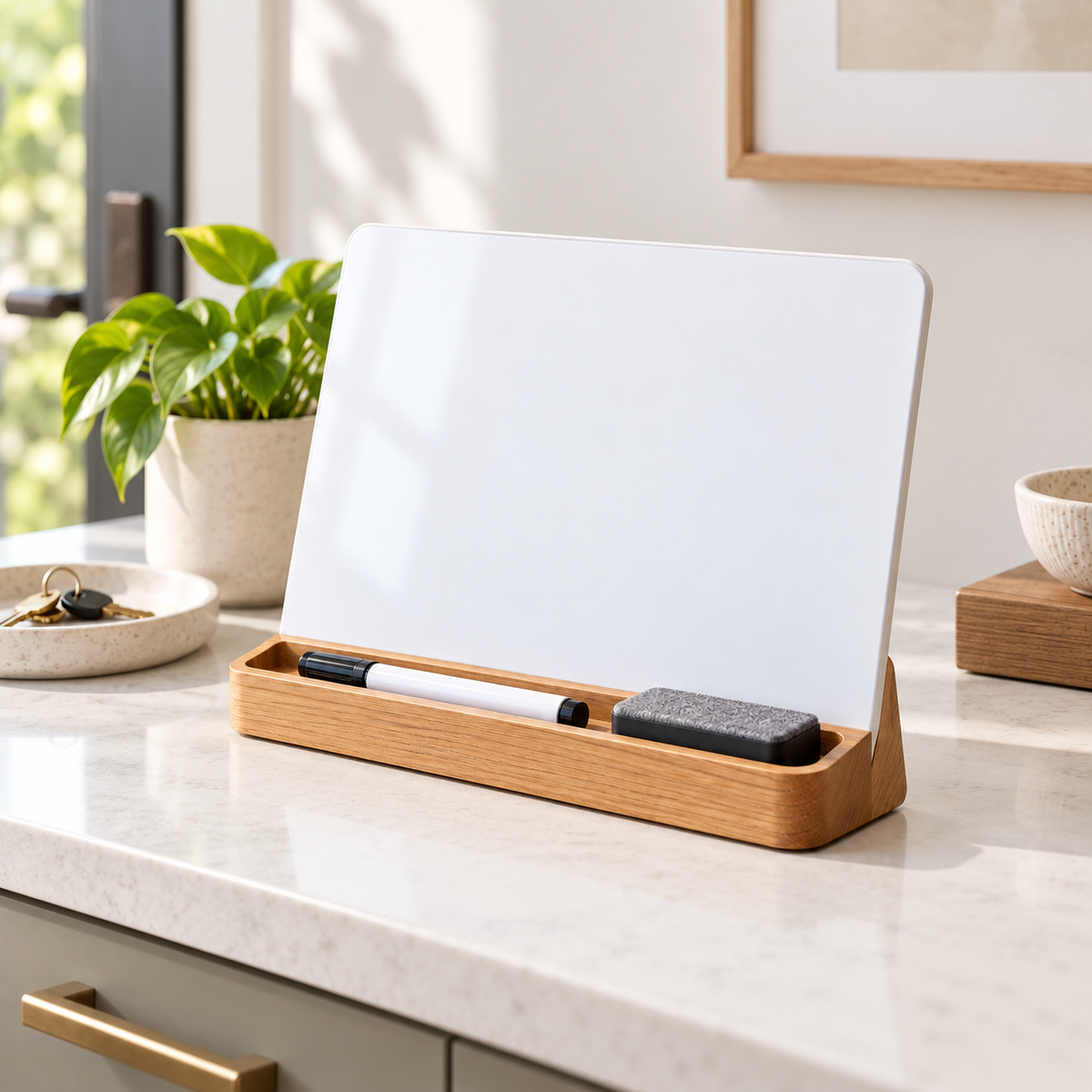 Desktop Dry Erase Board with Wooden Stand – Reusable Weekly Planner & Memo Board