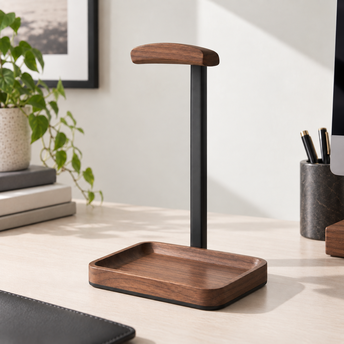 Wooden Headphone Stand with Catchall Tray – Desktop Headset Holder & Valet Organizer