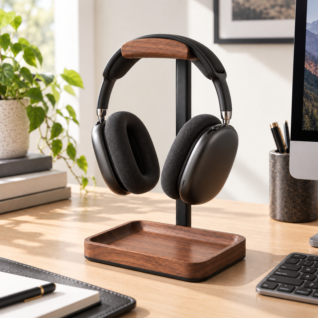 Wooden Headphone Stand with Catchall Tray – Desktop Headset Holder & Valet Organizer