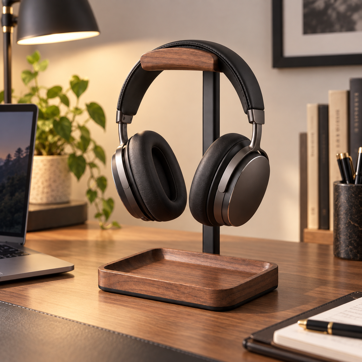 Wooden Headphone Stand with Catchall Tray – Desktop Headset Holder & Valet Organizer