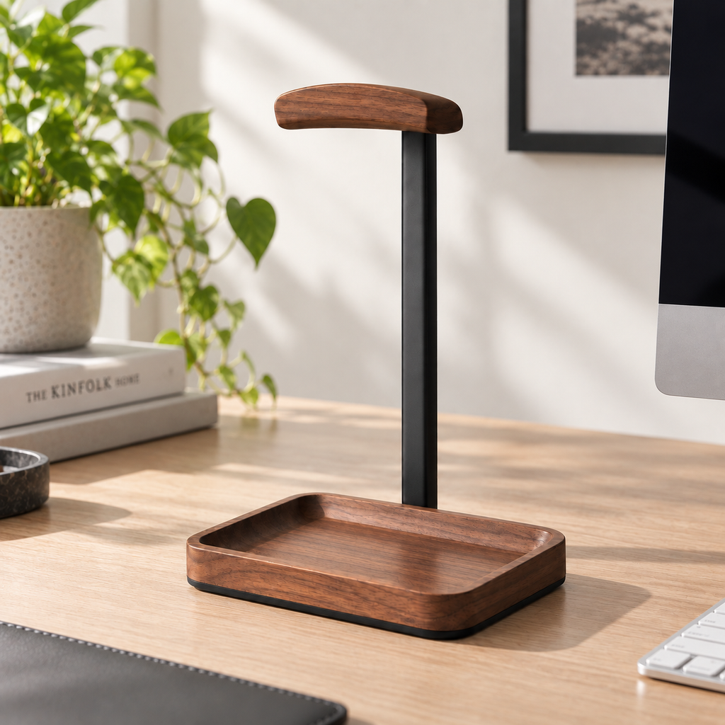 Wooden Headphone Stand with Catchall Tray – Desktop Headset Holder & Valet Organizer