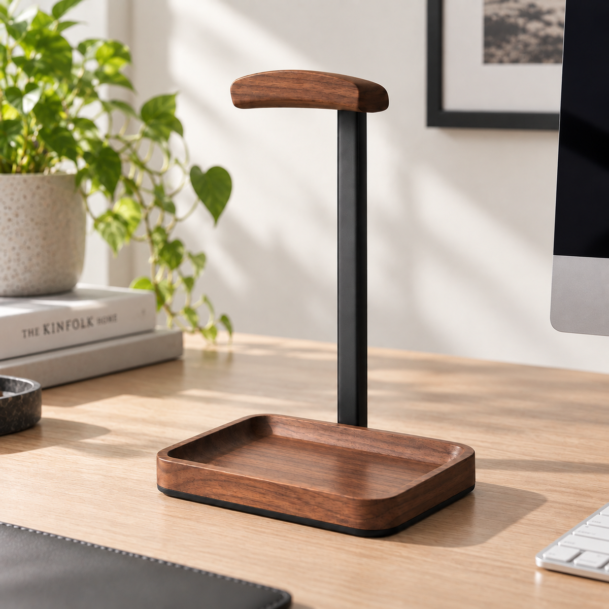 Wooden Headphone Stand with Catchall Tray – Desktop Headset Holder & Valet Organizer