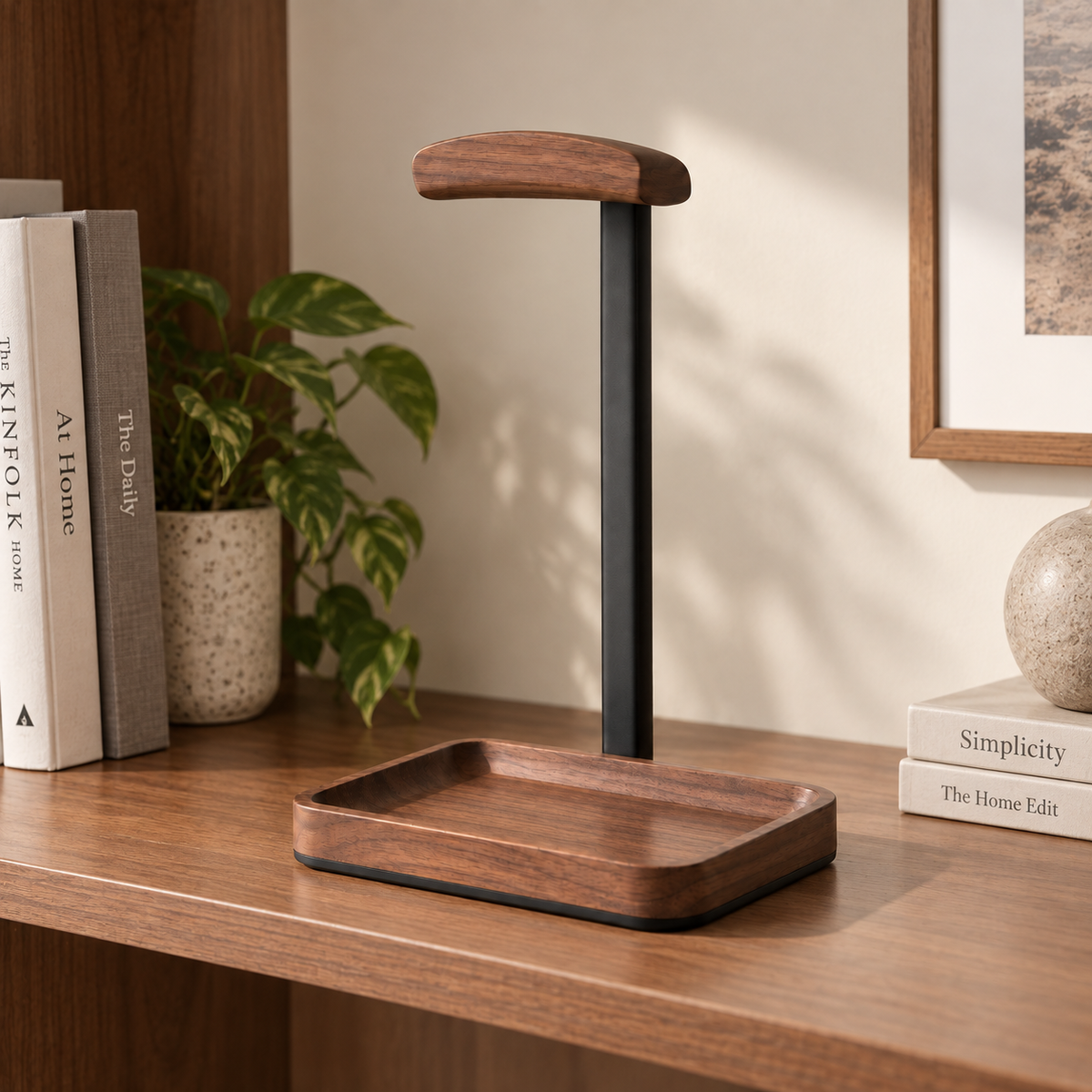 Wooden Headphone Stand with Catchall Tray – Desktop Headset Holder & Valet Organizer