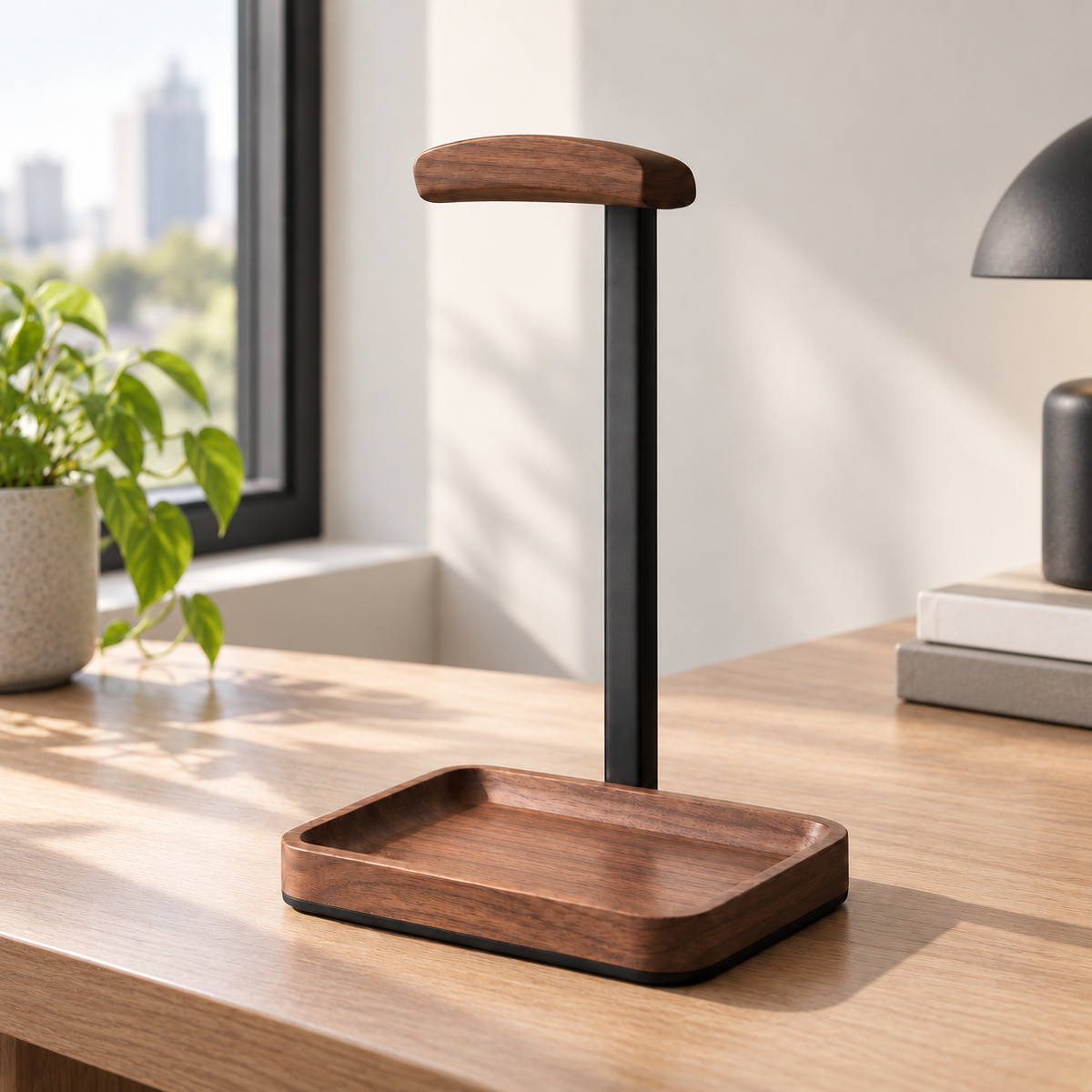 Wooden Headphone Stand with Catchall Tray – Desktop Headset Holder & Valet Organizer